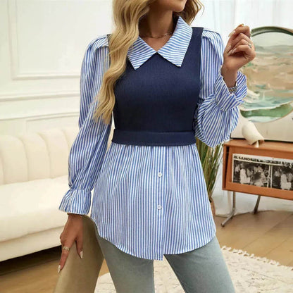 Women's Casual Contrast Color Stitching  Long Sleeve Collar Ladies Evening Top