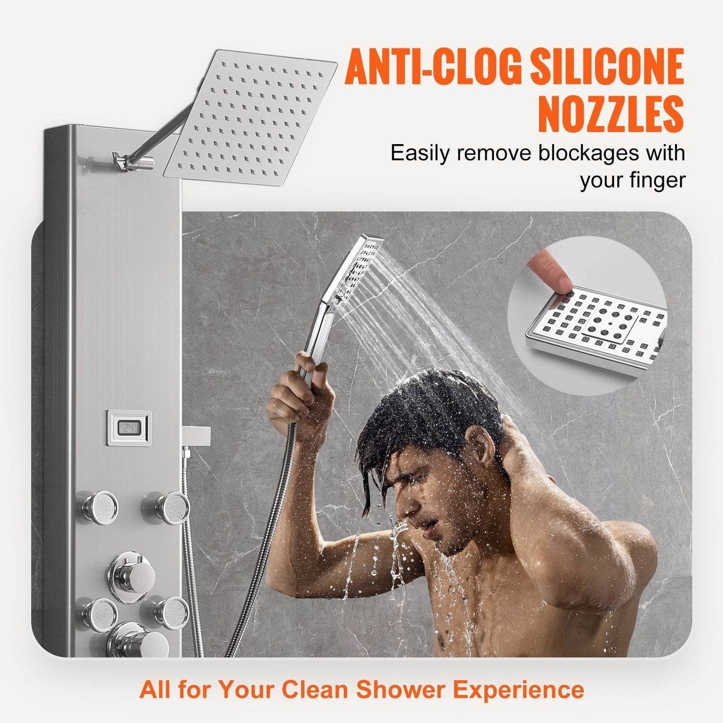 Shower Panel System, 5 Shower Modes, Digital Display Shower Panel Tower, Rainfall, 8 Massage Jets, Tub Spout, 3-Setting Handheld Shower Head 59 Hose, Stainless Steel Wall-Mounted Shower Set