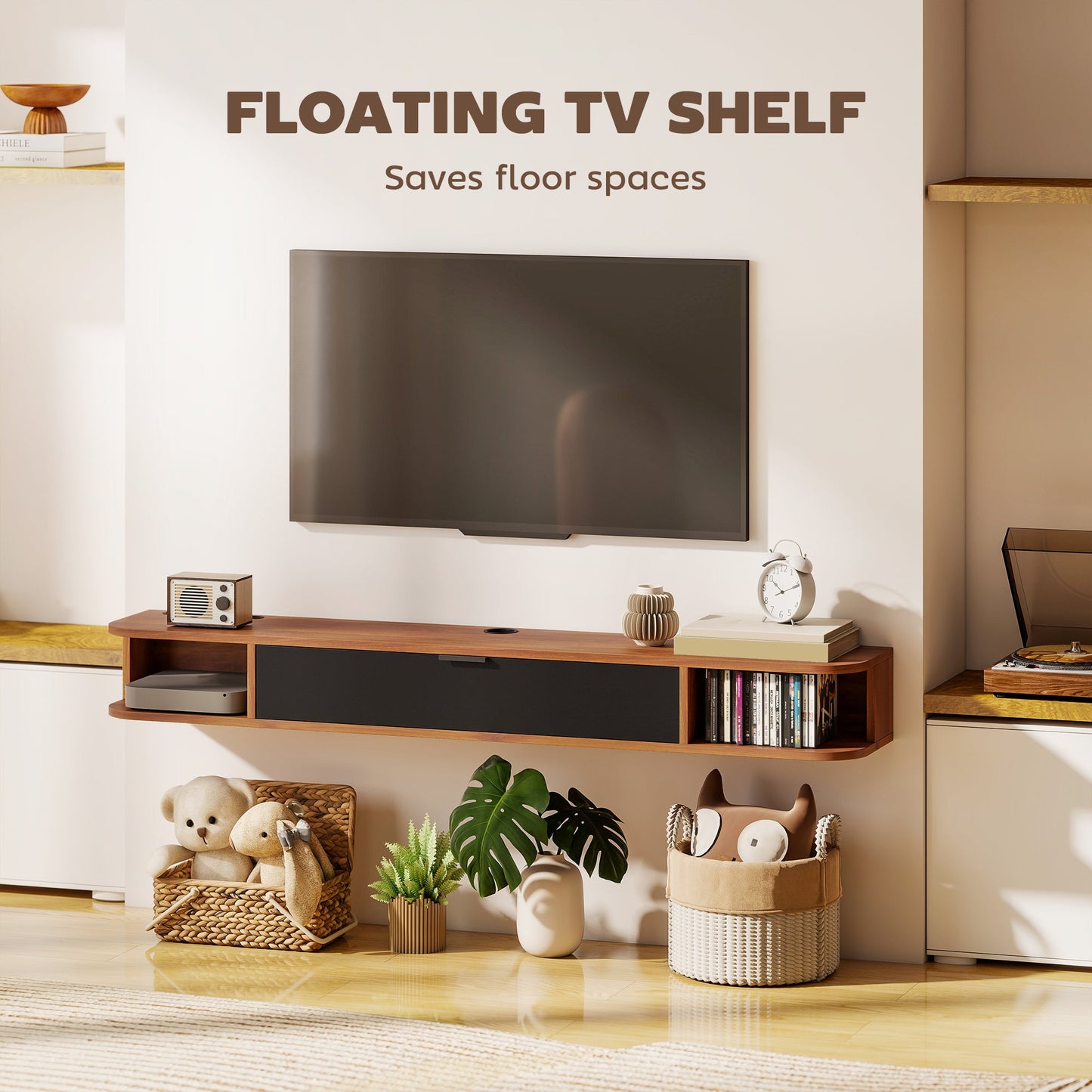 Lennox 55" Floating TV Stand for TVs up to 65" with Flip Drawer-Walnut