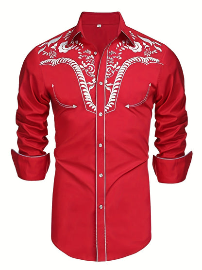 Western Cowboy Chic Long Sleeve Embroidered Shirt - Soft Cotton Blend, Elegant Design, Casual Style for Spring Fall Vacation Resort Wear - Men's Shirt for Outdoor Activities, Travel, and Leisure