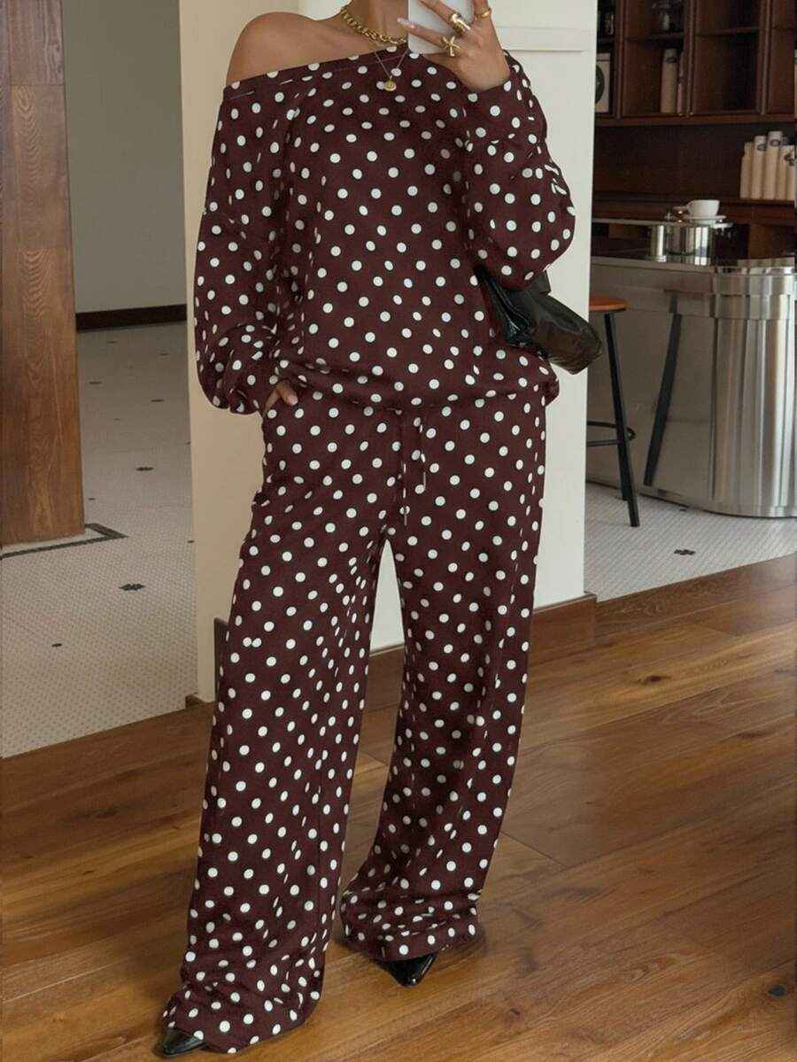 Women’s Polka-Dot Print Two-Piece Set – Long-Sleeve Sweatshirt & Loose-Fit Full-Length Pants