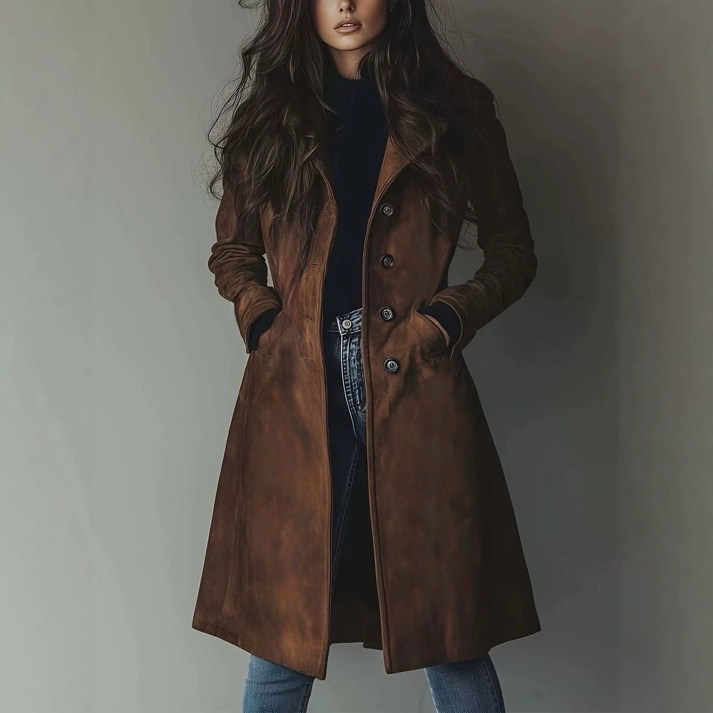 Women’s Suede Lapel Trench Coat – Mid-Length Fall & Winter Belted Jacket