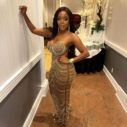 Sleeveless Beaded Long Party dress