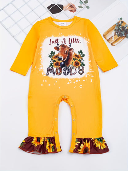 Autumn Western Cowboy Series Baby Girl's Cute Bodysuit With Leopard Cow Pattern Flower Letter...random Print