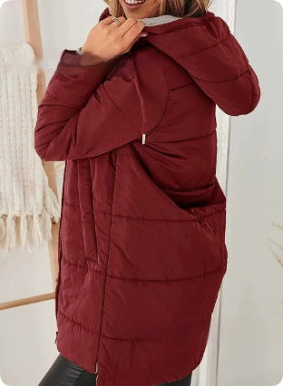Women’s Hooded Long Cotton Coat with Pockets – Solid Color Casual Winter Jacket