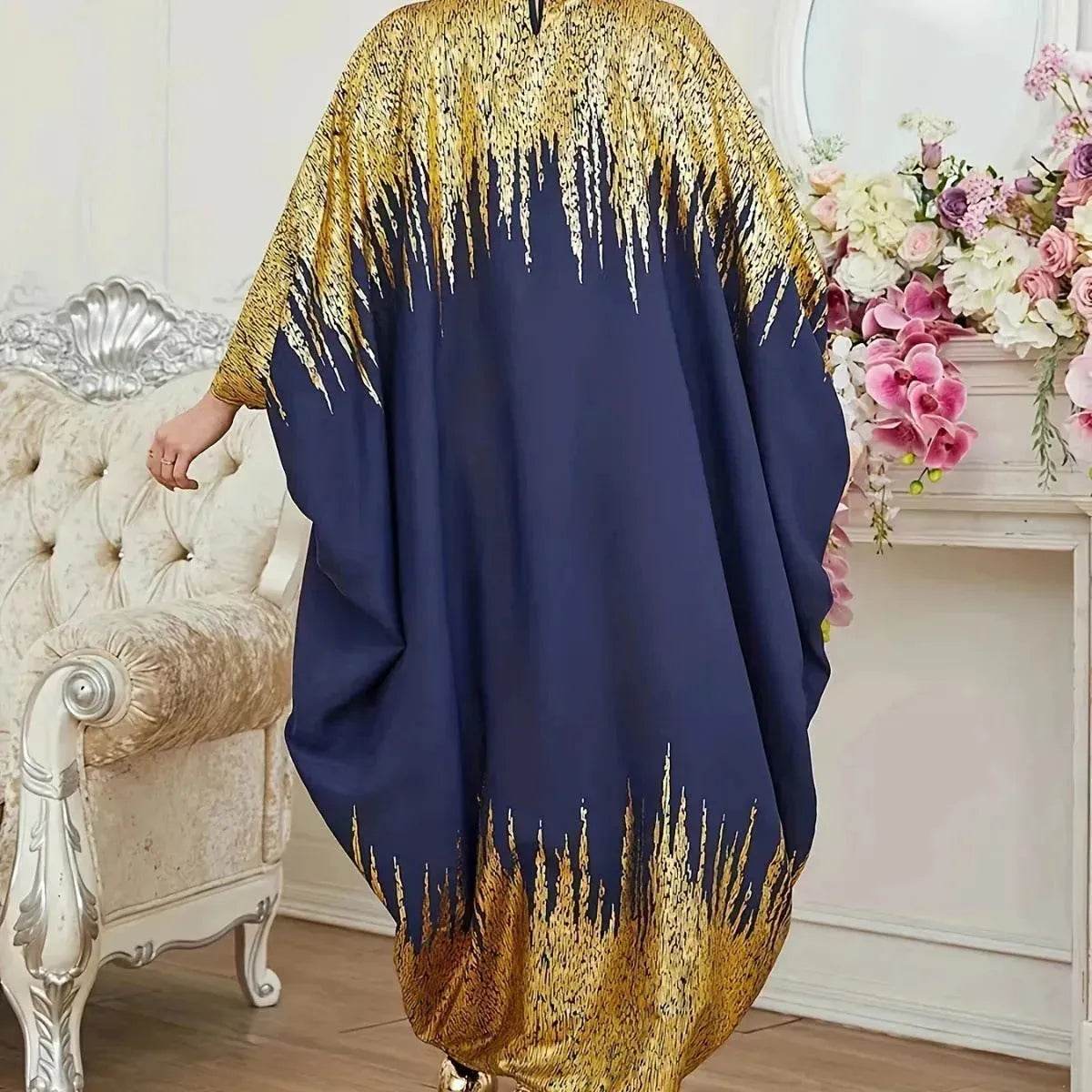 Fashion Embellish Fancy Abaya Middle East Print Color Contrast Patchwork Bat Sleeve Width Loose Summer Long Sleeve Dress