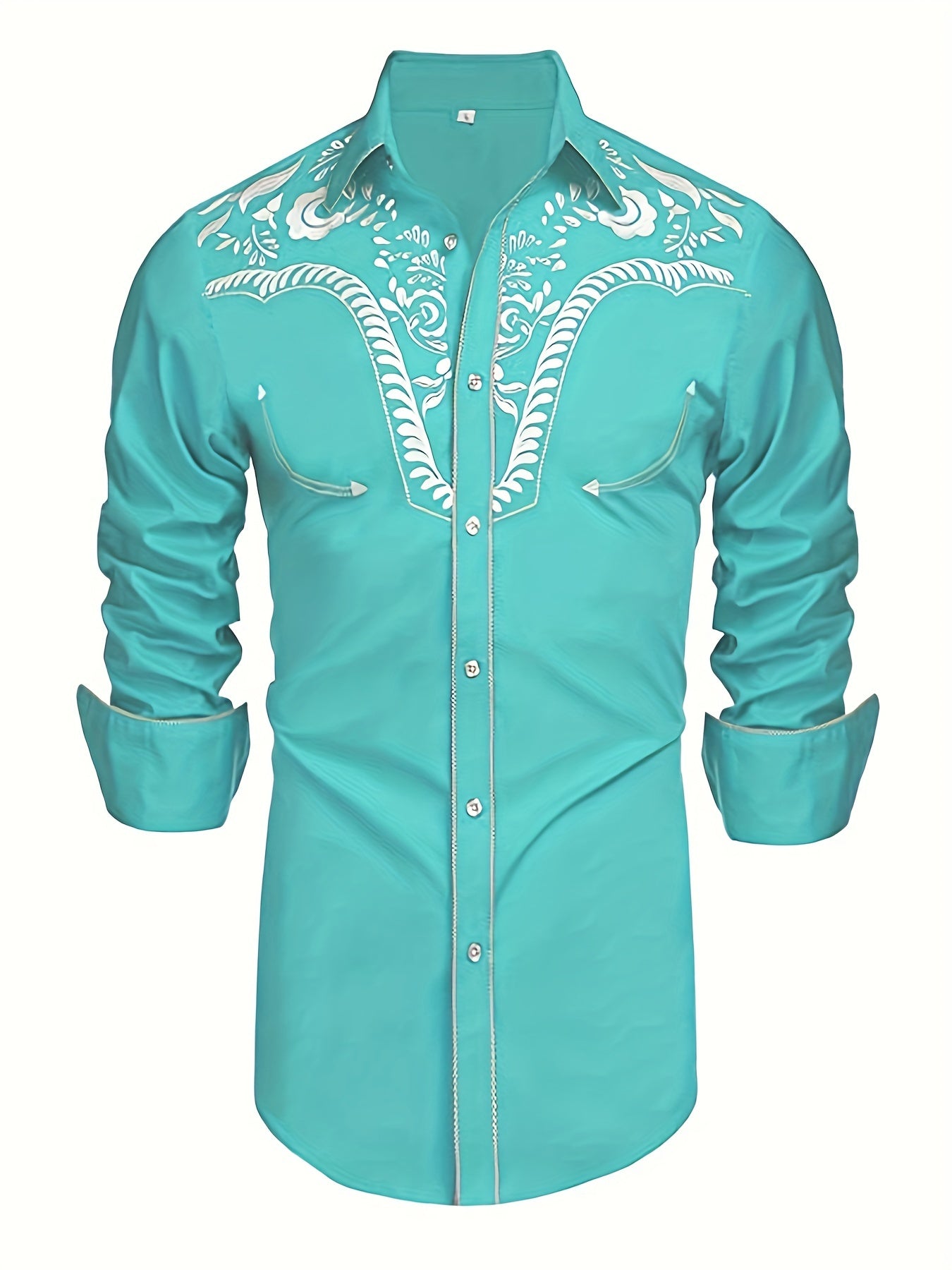 Western Cowboy Chic Long Sleeve Embroidered Shirt - Soft Cotton Blend, Elegant Design, Casual Style for Spring Fall Vacation Resort Wear - Men's Shirt for Outdoor Activities, Travel, and Leisure