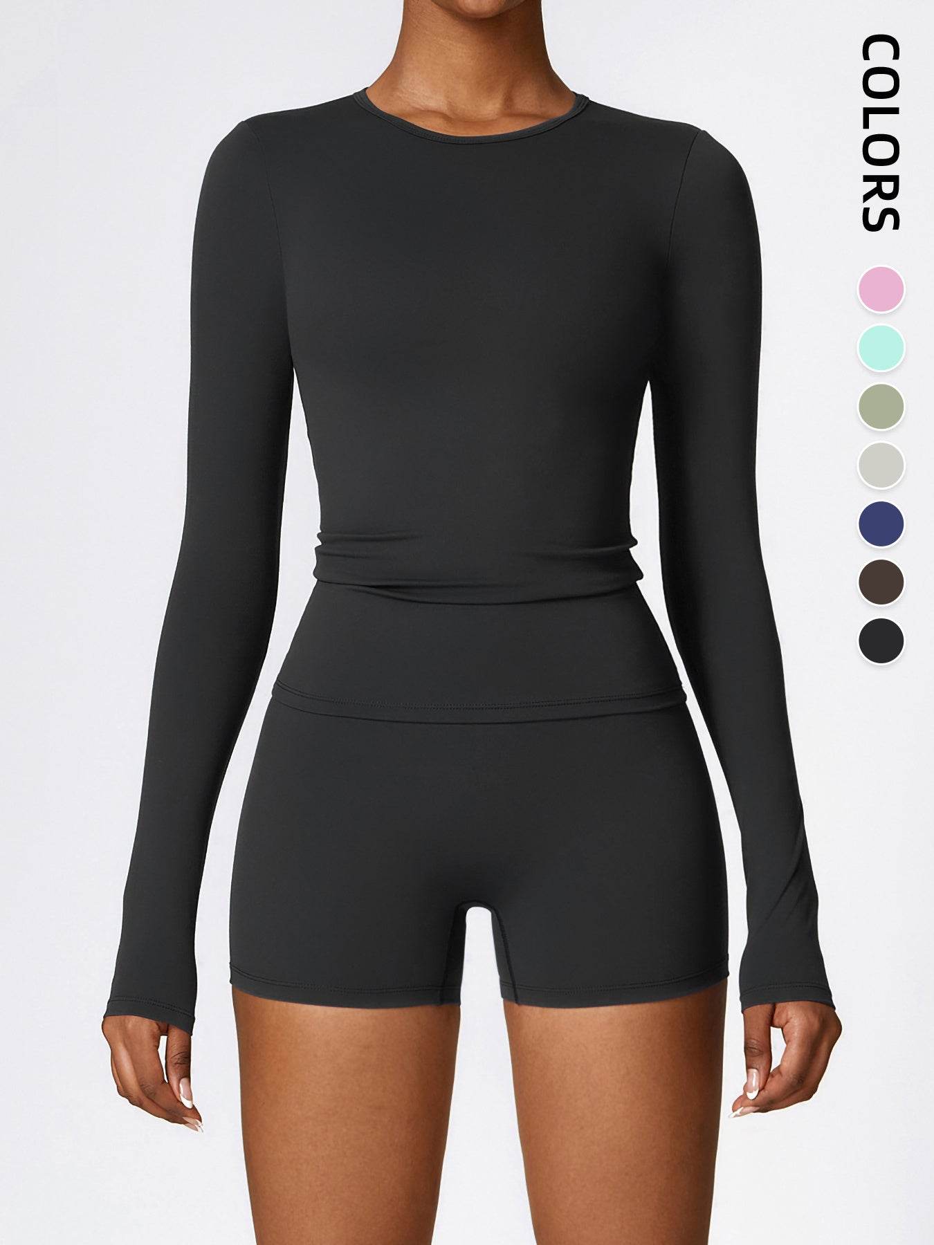 Women's Four Seasons Sports Suit, Women's Long Sleeve Round Neck Sports T-shirt And High Waist Tight Shorts Yoga Suit.
