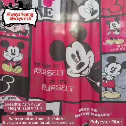 4pcs Disney Mickey Mouse Deluxe Shower Curtain Set - Waterproof, Machine Washable, Non-Slip Bathroom Accessories with 12 Hooks, U-Shaped Toilet Rug, and Toilet Lid Cover for a Fun and Safe Bathing Experience