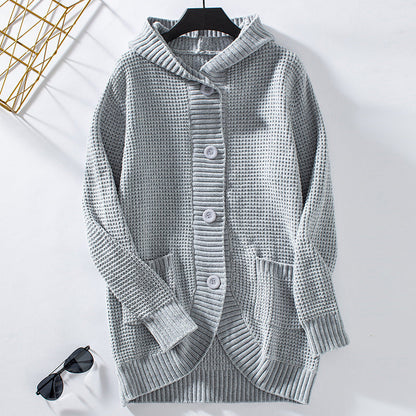 Women's Hooded Loose-Fit Mid-Length Knit Sweater