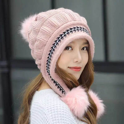 Women Cozy Knit Fleece-Feel Beanie With Ear Flaps Winter Hat Perfect For Skiing & Outdoor Activities