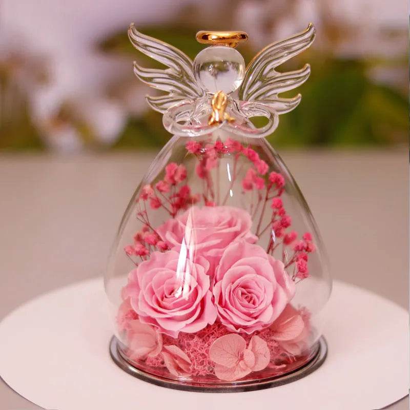 Boîte cadeau Fleur Éternelle Ange Sous Cloche Verre Rose Séchée Boîte Cadeau Pour Noël Nouvel An Saint Valentin Décoration Maison
