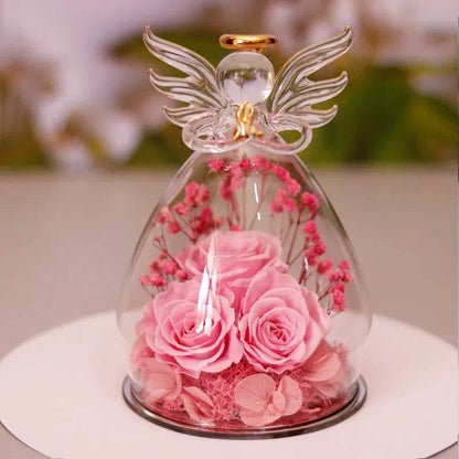 Boîte cadeau Fleur Éternelle Ange Sous Cloche Verre Rose Séchée Boîte Cadeau Pour Noël Nouvel An Saint Valentin Décoration Maison