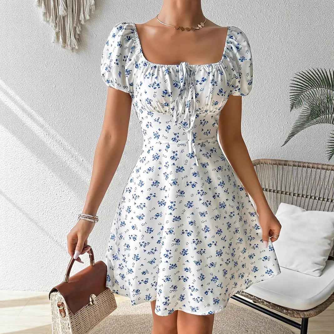 French-Style Floral Midi Dress for Women – Puff Sleeve Artistic Retro 3D Pattern Dress