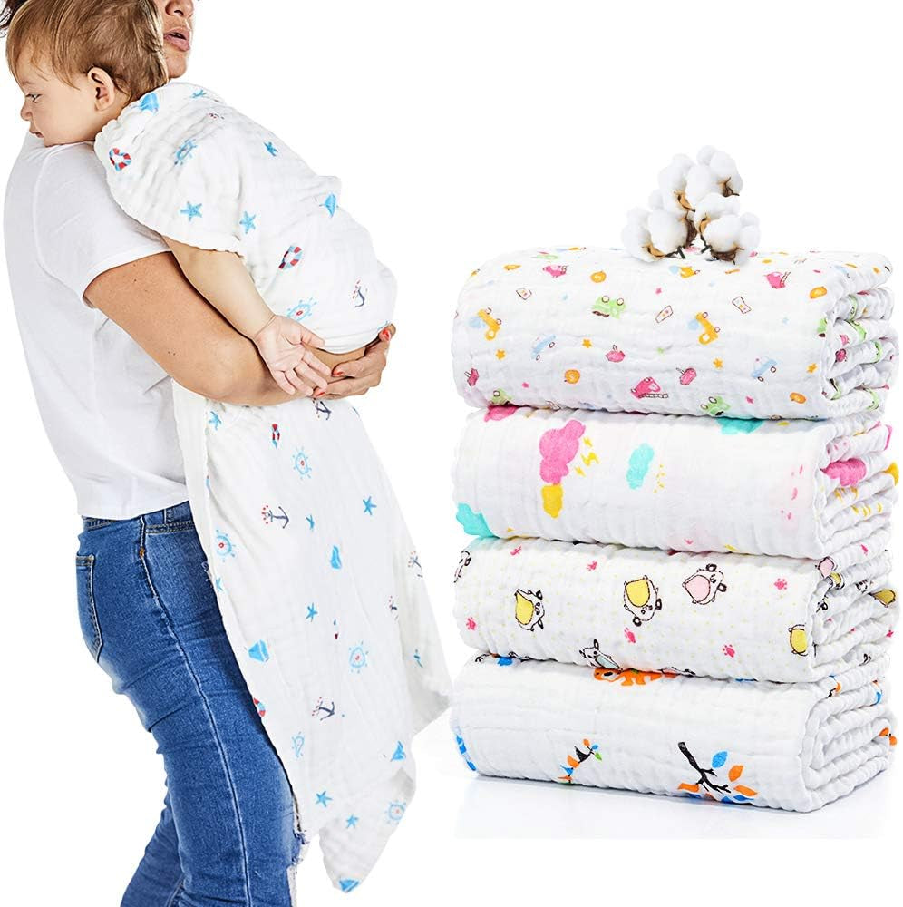 Set of 2 Baby Bath Towels Muslin Baby Blanket, 6 Layer 41.5" X 41.5" Muslin Cloths Cotton Extra Soft Wash Cloth (Colour Random)