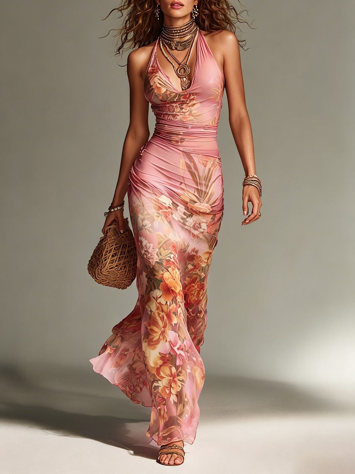 Women's Floral Halter Maxi Dress – Sexy Backless Lace-Up Summer Vacation Dress