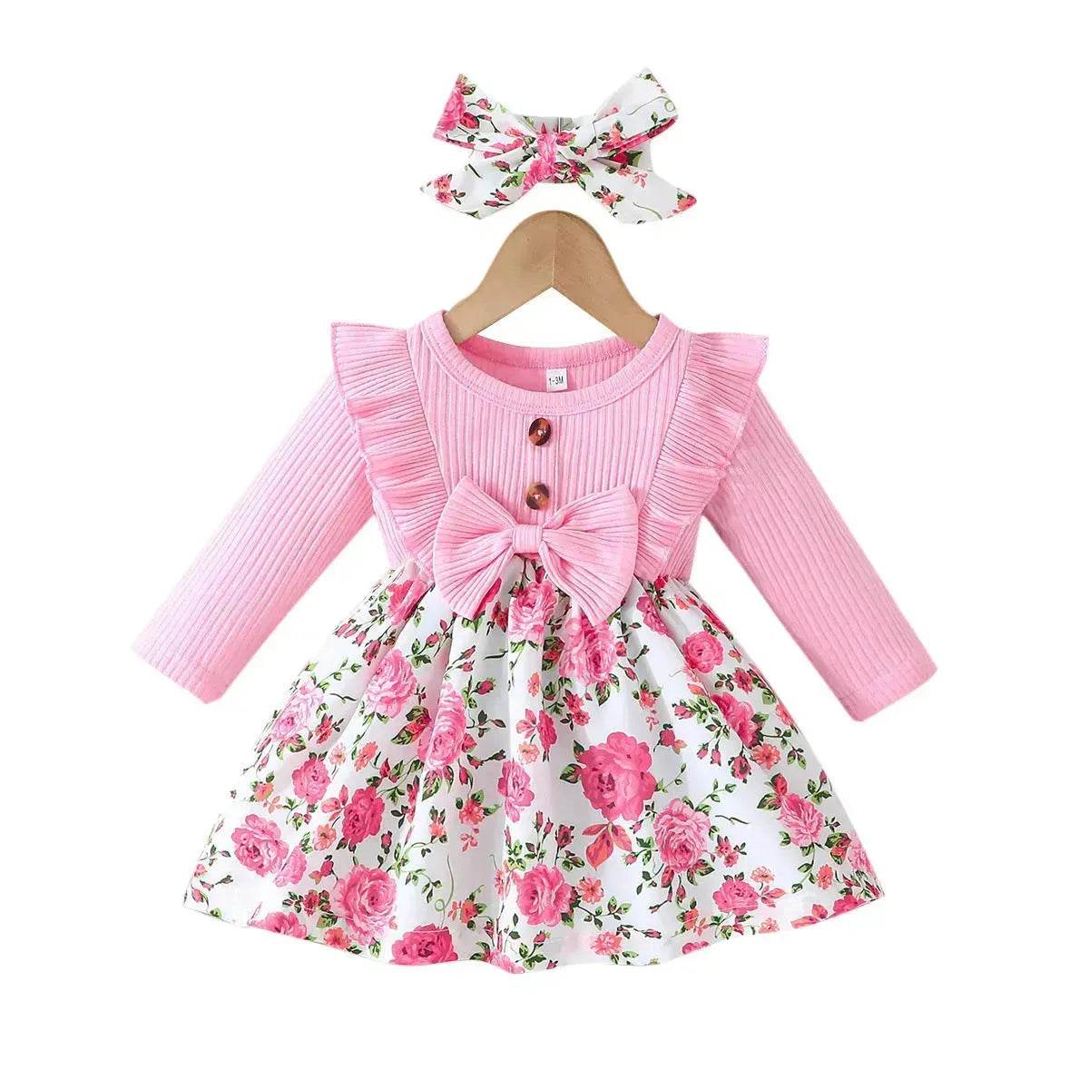Ensemble robe-salopette et bandeau imprimé floral pour bébé fille, tenue d'extérieur pour bébés filles avec nœud papillon, robe rose pour bébé fille