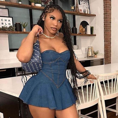Fashion Tube Top Denim short mini Dress for Club