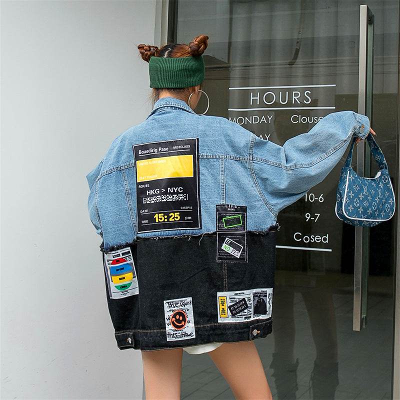 Denim Loose Jacket Women Stylish Graffiti Patch Design