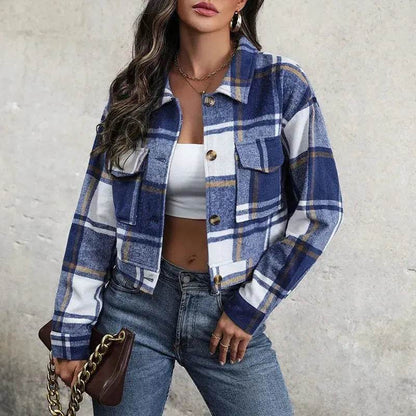 Fashion Oversized Plaid Lapel Cropped Jacket  outwear top for women