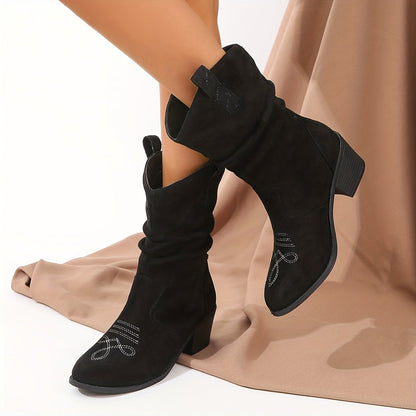 Bottes souples pour femme - Bottines rétro à talon bas - Bottes d'équitation confortables à enfiler avec talon épais pour tenue décontractée