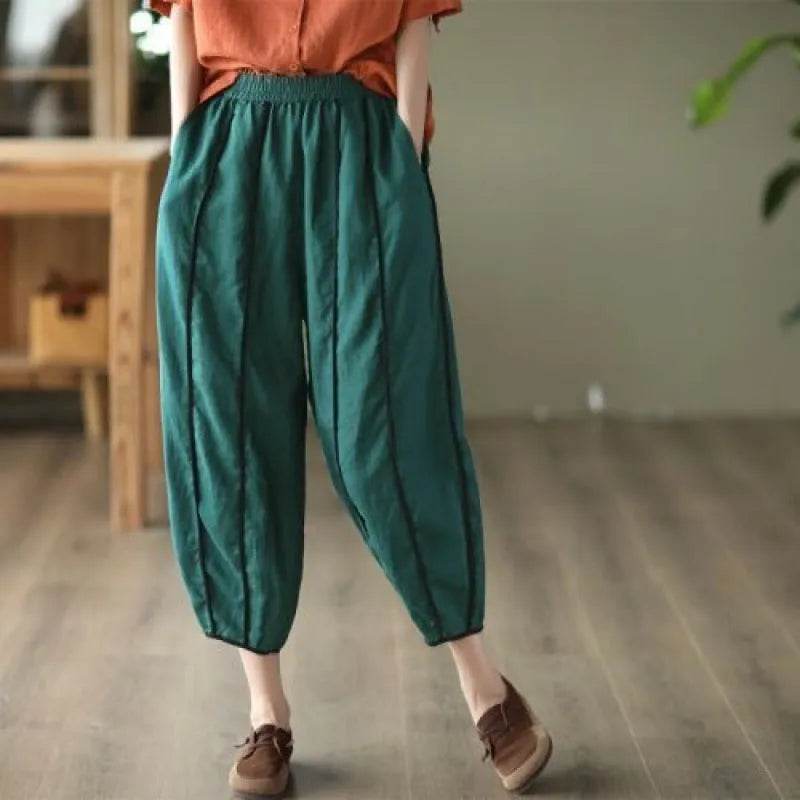 Summer Thin Striped Cotton And Linen Cropped trouser Pants For Women