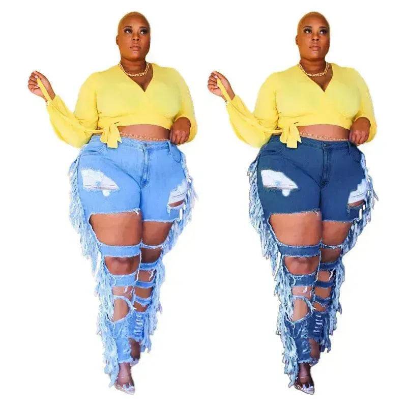 Adogirl Plus Size Side Tassel Holes Jeans Pencil Pants Women Charming Distressed Hollow Out Tight Denim Trousers Fashion Streetwear