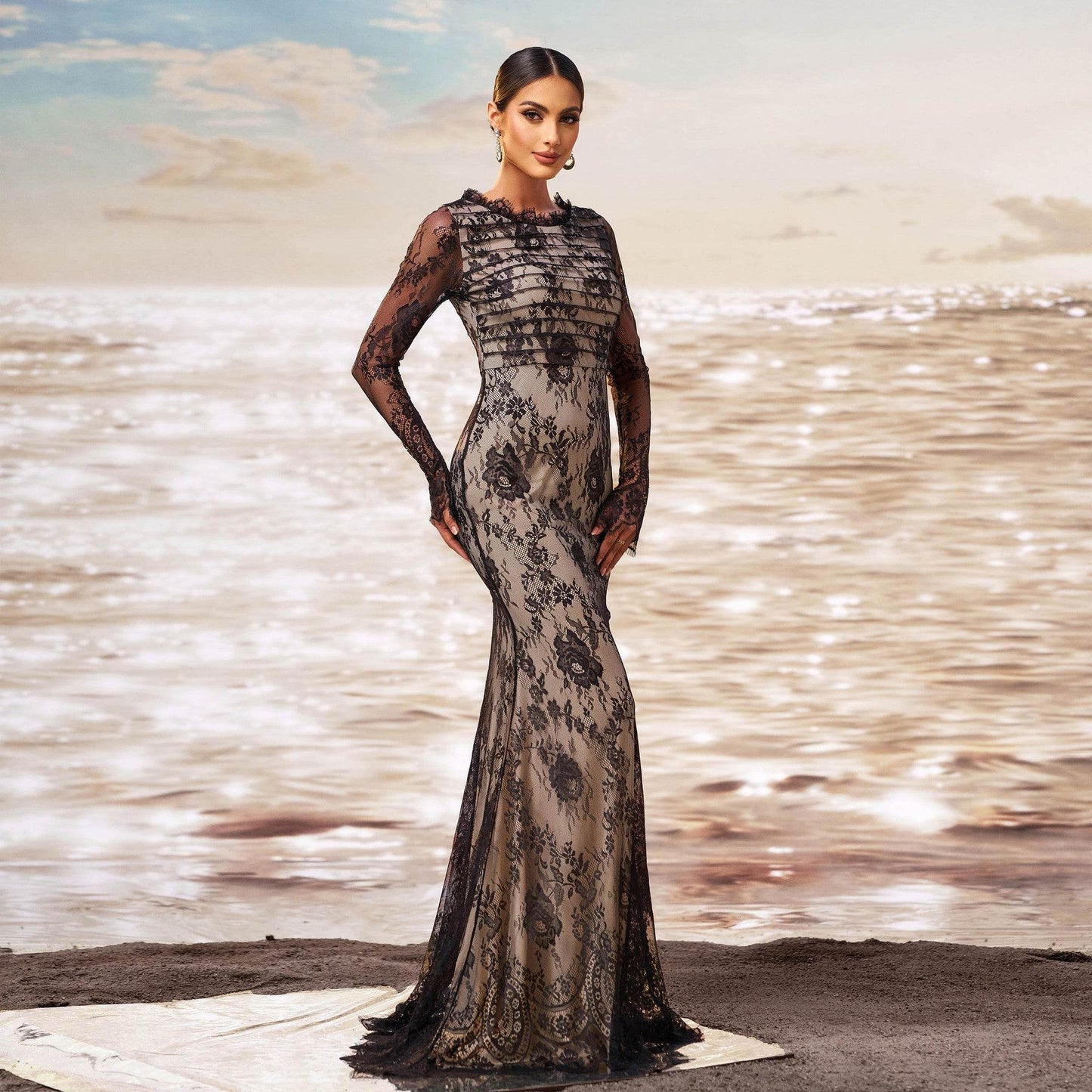 Elegant Long Sleeve Gauze Sheath Fishtail Evening Party Dress