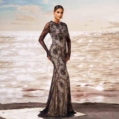 Elegant Long Sleeve Gauze Sheath Fishtail Evening Party Dress