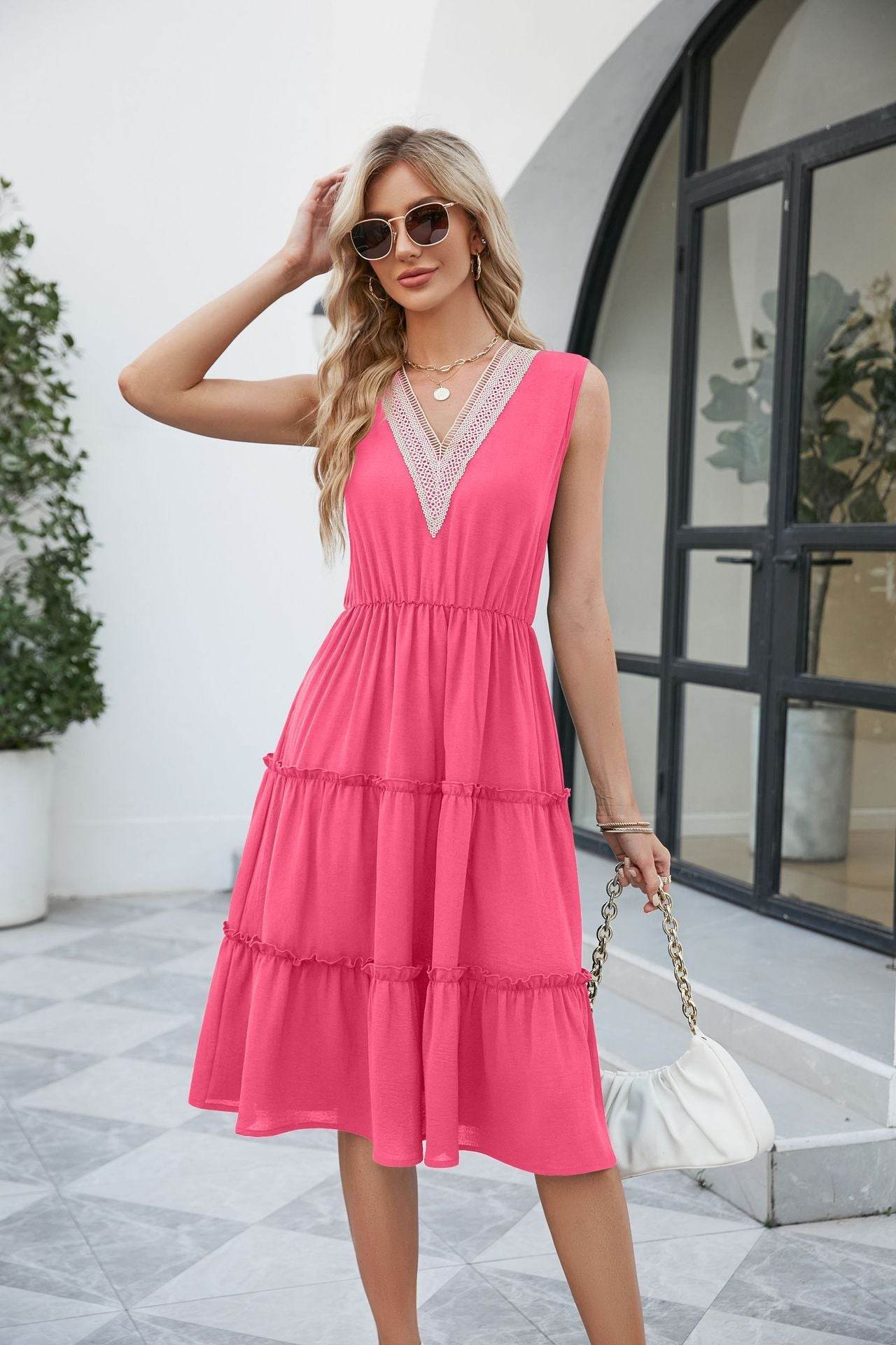 Robes Col V Femme Sans Manches Plissées Volants Élégante Robe Plage Été