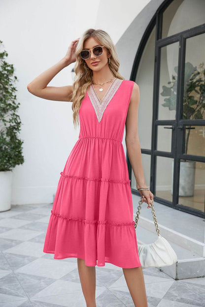 Robes Col V Femme Sans Manches Plissées Volants Élégante Robe Plage Été