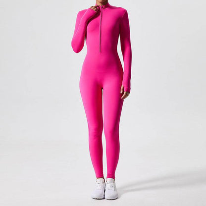 Combinaison de sport moulante athleisure à manches longues, col roulé et fermeture éclair, avec rehausseur de hanches, pour femmes