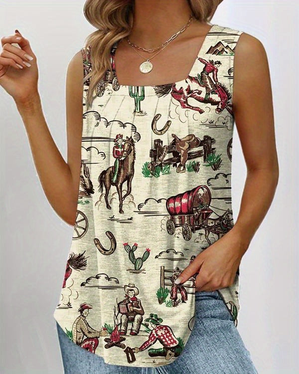 Plus Size Western Chic Vest Tank Top - Relaxed Fit, Medium Stretch, Random Cowboy Print, Square Neck, Pleated Design - Casual Polyester Top for All Seasons