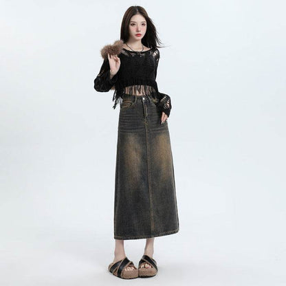 High Waisted Denim Skirt Long Cotton Solid Style