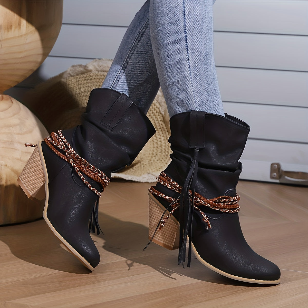 Womens Vintage-Inspired Chunky Heeled Cowboy Boots - Fashionable Tassel & Braided Band Detail, Slip-On Comfort, Soft Slouchy Texture - Retro Short Western Boots