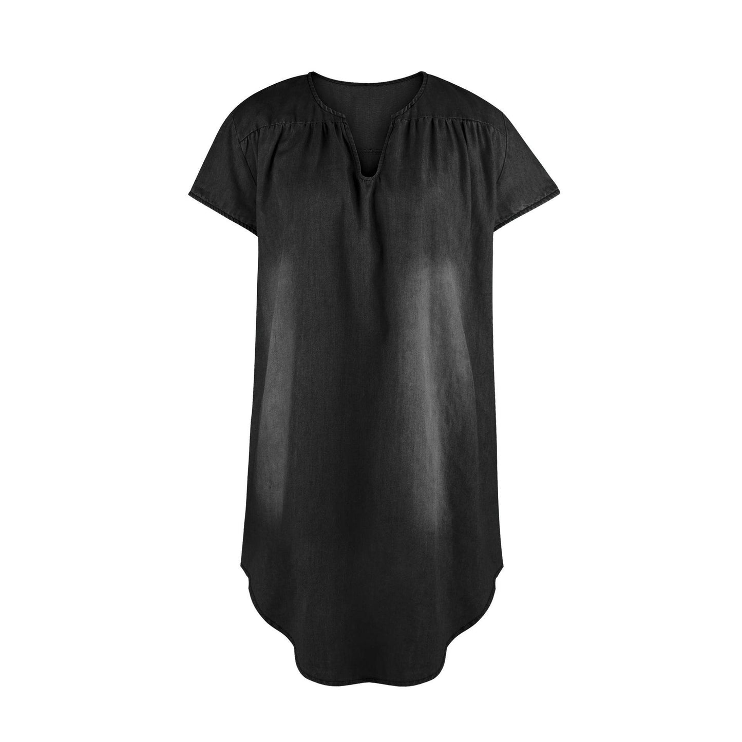 Round Neck Pleated Loose Solid Color Casual Plus Size Denim Dress