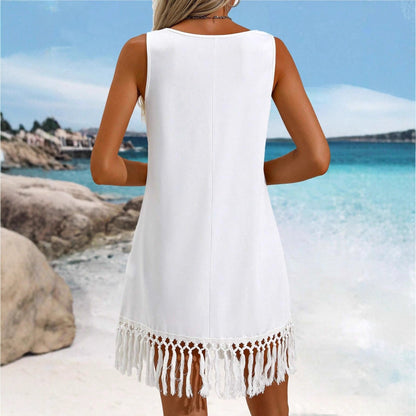 Women's Solid-Color European & American Style Tassel Dress – Sleeveless Asymmetrical Mid-Length Dress