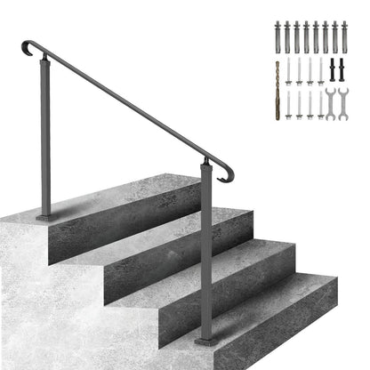 Handrails For Outdoor Steps, Fit 3-5 Steps Outdoor Stair Railing, Wrought Iron Handrail, Flexible Front Porch Hand Rail, Black Transitional Hand Railings For Concrete Steps Or Wooden Stairs