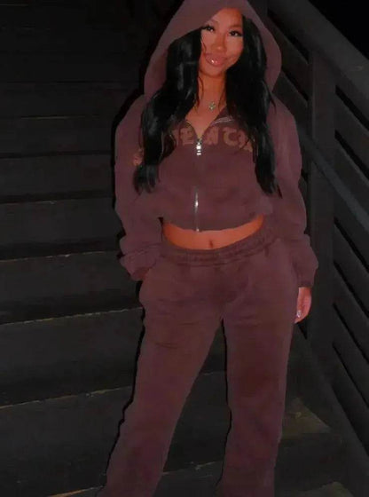 Ensemble de survêtement Ins Letter : Haut court à capuche zippé et pantalon de jogging pour femme – Vêtements de sport deux pièces tendance