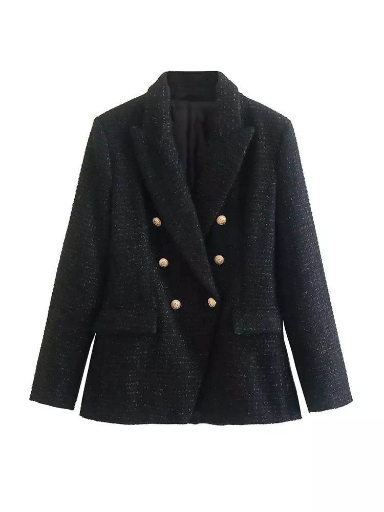 Classy Urban Women Textured Double Breasted Tweed Blazer
