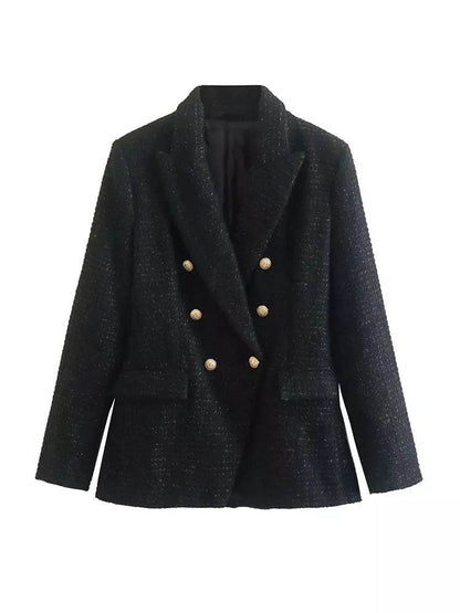 Classy Urban Women Textured Double Breasted Tweed Blazer