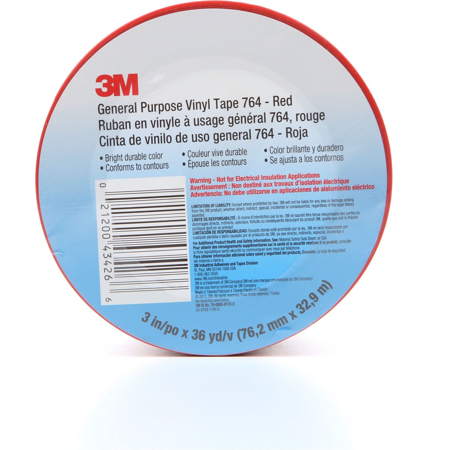 764 General-Purpose Vinyl Tape, 76 mm (3") W x 32.9 m (108') L, 5 mils, Red