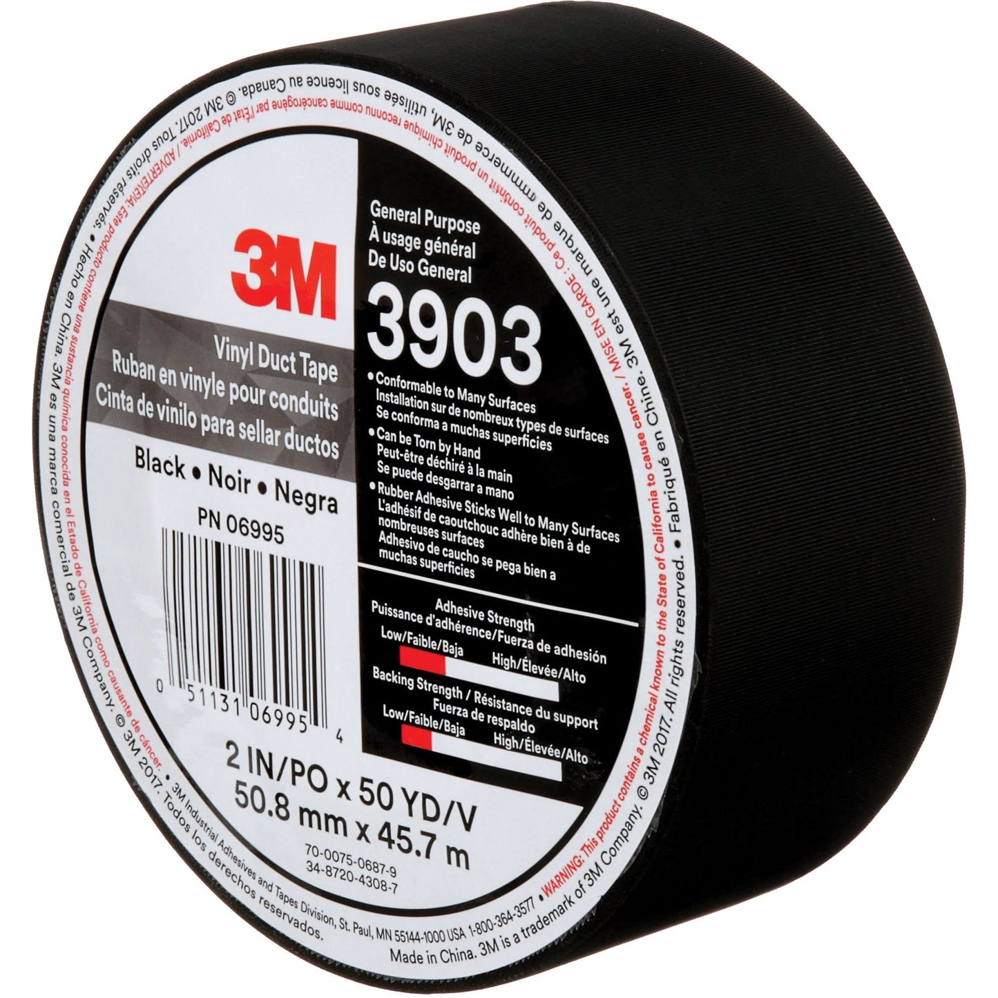 Ruban adhésif toilé en vinyle 3903, 48 mm (2 po) L x 45 m (148 pi) L, 6,5 mil, noir