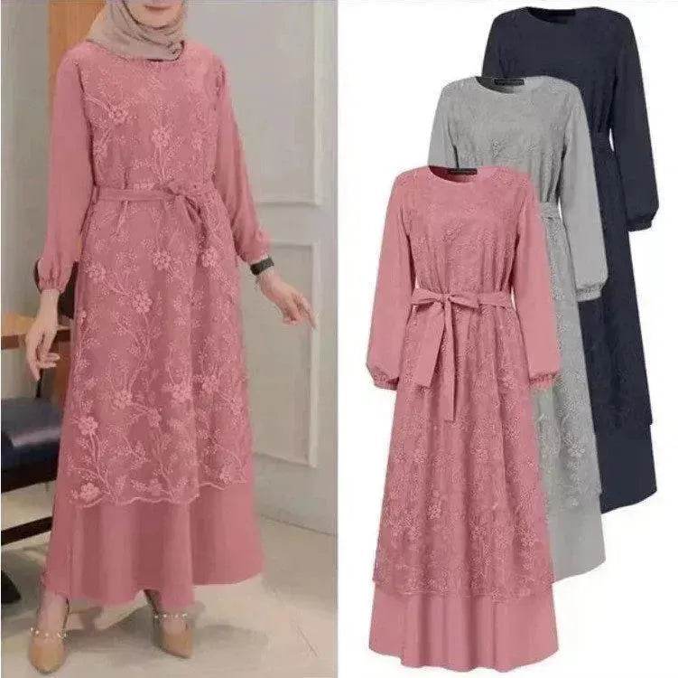 Arab  Round Neck Lace Floral Dress