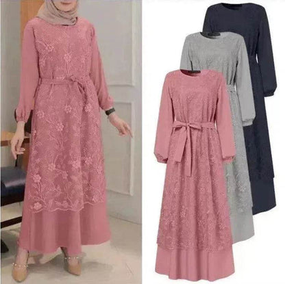 Arab  Round Neck Lace Floral Dress