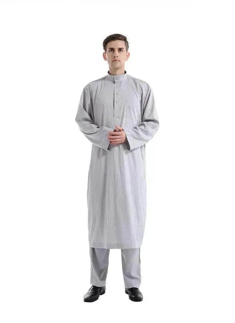 Fashionable and Elegant Arab  Two-piece Solid Color Men's Robe Moroccan Men's Jalabiya