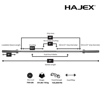 Barres d'haltères olympiques et standard HAJEX 4 pieds, 5 pieds, 6 pieds et 7 pieds