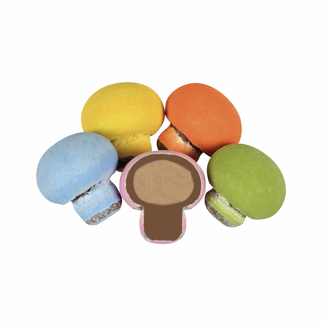 Dragées de chocolat artisanales colorées en forme de mini-champignons