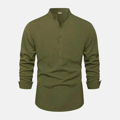 Autumn Solid Color Stand Collar Casual Long Sleeve Cotton And Linen Men's Shirt