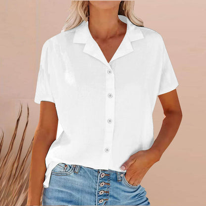 Spring Summer Lapel Cotton And Linen Casual short sleeve Shirt For Women